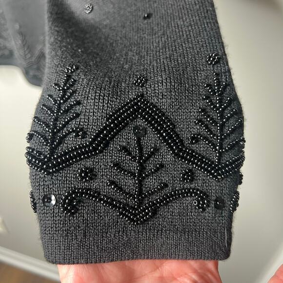 Talbots 100% Wool Beaded Cardigan Sweater Women's L Button Vintage Black Holiday - Picture 7 of 11